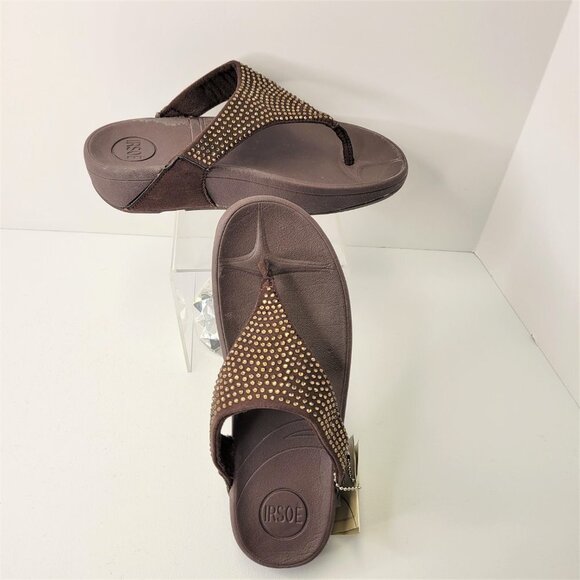 BROWN Size 8 Gold Crystal Women Sandals Wedge Heel Arch Support Comfy Flip Flops - Picture 2 of 15